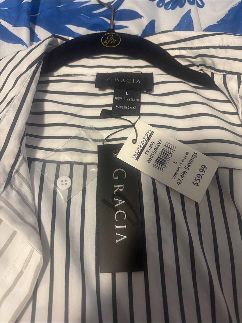 Gracia White Shirt with Navy Pinstripes - Picture 2 of 4